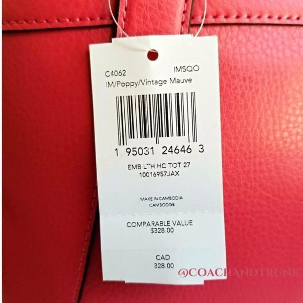 COACH Leather Tote 27 Leather Poppy Red Embossed Horse and Carriage NWT - Picture 15 of 16